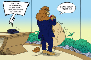 abdominal_bulge anthro belly big_belly clothing dialogue electronics fur huge_belly male male_pred mane phone prey_outline same_size_vore suit tan_body tan_fur text vore lordweegee64 disney zootopia leodore_lionheart felid lion mammal pantherine hi_res