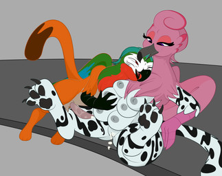 after_sex animal_genitalia animal_penis bodily_fluids breasts claws cum cum_in_vagina cum_inside duo feathers feline_genitalia feline_penis female feral fondling genital_fluids genitals happy happy_sex large_beak male male/female multi_breast nipples orange_body pawpads paws penis pink_body pink_feathers sex simple_background smile spread_legs spreading stripes tail villegreen hasbro my_little_pony mythology avian bird felid feline flamingo gryphon mammal mythological_avian mythological_creature hi_res