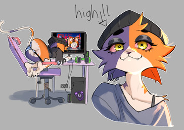 anthro beanie biped black_beanie black_clothing black_eyeshadow black_hat black_headwear black_hoodie black_topwear butt chair clothing computer computer_monitor cute_fangs drugs electronics eyeshadow fangs female fur furniture gaming gaming_chair hat headgear headwear hoodie kneeling long_sleeves makeup multicolored_body multicolored_fur on_chair panties rear_view simple_background solo stoned substance_intoxication teeth topwear underwear yellow_eyes bat_bad epic_games fortnite meow_skulls calico_cat domestic_cat felid feline felis mammal hi_res