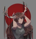 5_fingers antlers arms_bent breasts brown_ears brown_eyes brown_hair clothed_female clothed_humanoid clothing collarbone eye_through_hair eyebrow_through_hair eyebrows female female_humanoid fingers grey_background grey_clothing grey_shirt grey_t-shirt grey_topwear hair horn light long_hair looking_at_viewer pose shirt simple_background smile smiling_at_viewer solo t-shirt tan_antlers text_on_t-shirt topwear translucent translucent_hair duokhay animal_humanoid deer deer_humanoid humanoid mammal mammal_humanoid 2019 absurd_res colored digital_drawing_(artwork) digital_media_(artwork) half-length_portrait hi_res lighting portrait shaded