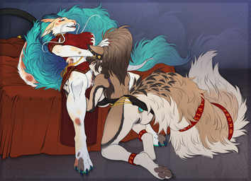 abs anal_beads anthro anthro_on_anthro big_breasts big_tail biped breasts butt buttplug claws clothed clothed_anthro clothed_female clothing countershade_accent countershade_torso countershading cunnilingus duo feet female female/female fingers front_view fur genitals hair hand_on_breast horn huge_breasts huge_tail kneeling navel nipples non-mammal_breasts non-mammal_navel non-mammal_nipples oral paws plug_(sex_toy) rear_view sex sex_toy sitting smile tail teeth thick_thighs toes vaginal vulva wide_hips yeenshield mythology sonia_v canid canine canis domestic_dog dragon mammal mythological_creature mythological_scalie scalie 2026 digital_drawing_(artwork) digital_media_(artwork) hi_res