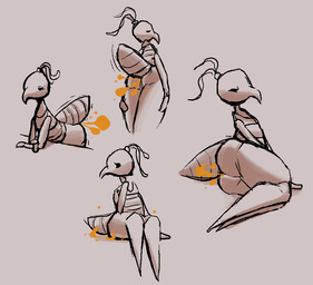 antennae_(anatomy) anthro arthropod_abdomen black_eyes butt crossed_arms eyelashes fart fart_cloud female hands_on_legs hands_on_thighs leaning leaning_forward leaning_on_table looking_aside looking_at_viewer looking_back looking_back_at_viewer looking_down looking_down_at_viewer low-angle_view lying motion_lines narrowed_eyes on_side orange_fart_cloud presenting presenting_hindquarters simple_background sitting solo tan_background text worm's-eye_view jubb hollow_knight_(franchise) team_cherry iselda_(hollow_knight) arthropod 2021 artist_name monochrome sketch_page