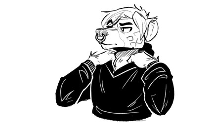 anthro black_clothing black_sweater black_topwear clothing ears_up facial_piercing looking_forward male nose_piercing nose_ring piercing ring_piercing solo sweater topwear mawkvlt kolya_yeen_(mawkvlt) hyena mammal monochrome
