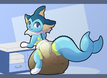 3_fingers ambiguous_gender blue_body blue_nose blue_tail bodily_fluids changing_table clothed clothing diaper diaper_only digitigrade excessive_feces feces feral fin fingers folded_diaper genital_fluids gloves_(marking) hyper hyper_feces leg_markings looking_at_viewer looking_back markings narrowed_eyes open_mouth reflective_body simple_background socks_(marking) soiled_diaper soiling solo standing tail tail_fin topless unclean_diaper urine urine_absorption used_diaper watersports wearing_diaper wet_diaper yellow_body meowstic_(artist) nintendo pokemon puddles_(vaporeon) eeveelution generation_1_pokemon pokemon_(species) vaporeon absurd_res hi_res letterbox