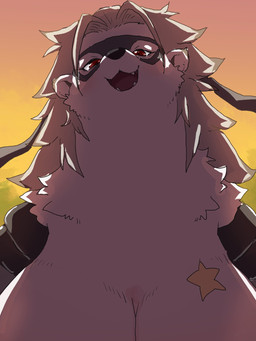anthro backlighting big_breasts breasts cleavage clothed clothing domino_mask eyemask eyewear female fur grey_hair hair huge_breasts kemono light long_neck mask neck_tuft open_mouth open_smile outside red_eyes smile solo sunset tuft white_body white_fur tokumori_kaisen bandai_namco digimon digimon_beatbreak digimon_(species) gulonine mammal mustelid wolvermon 3:4 hi_res japanese_description lighting redraw
