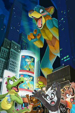 anthro black_body black_fur blue_body blue_fur brown_body brown_fur building extreme_size_difference featureless_crotch fur green_body green_pawpads group head_tuft macro male night nude open_mouth outside pawpads pink_tongue size_difference skyscraper tan_body tan_fur tongue tuft white_body white_fur yellow_body yellow_fur young young_anthro young_male pandapaco parinton bear crocodile crocodilian deer giant_panda mammal reptile scalie