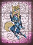 alternate_color anthro blonde_hair blue_eyes breasts clothed clothing female fur hair smile solo spacesuit text yellow_body yellow_fur zero_suit raptor007 metroid nintendo song_(raptor007) canid canine mammal 2012 3:4 digital_media_(artwork) english_text hi_res