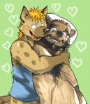 beard black_nose blush body_pillow brown_body brown_fur clothing duo facial_hair fur heart_symbol hug humanoid_hands kemono male overweight overweight_male pillow shirt topwear kita_9999 love_mechanic ena_(lm) tom_(lm) bear hyena mammal spotted_hyena 2016 hi_res