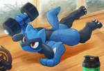 anthro bodily_fluids bottle breath container dumbbell exercise fur gym improper_exercise inside male muscular muscular_anthro muscular_male nude one_arm_push-up open_mouth push-up shadow solo sweat tuft weightlifting weights workout waddledox nintendo pokemon generation_4_pokemon pokemon_(species) riolu 2023 2d_animation animated hi_res loop short_playtime