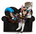 anthro clothed clothing duo female gaming hug male male/female sitting slightly_chubby smile redpixie microsoft xbox xbox_360 xbox_game_studios canid canine mammal mustelid otter