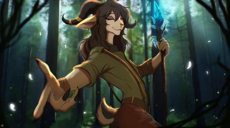 anthro arched_back ariel_zerthinan_(character) brown_hair crystal facial_piercing femboy foreground_silhouette forest forest_background hair horn looking_at_viewer low-angle_view magic_user male nature nature_background nose_piercing one_eye_closed petals piercing pink_eyes plant reaching_towards_viewer slim smile solo staff tree wink zidanemina arthropod beetle bovid caprine elateroid firefly insect mammal absurd_res hi_res