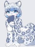 4_fingers all_fours anthro blue_eyes blue_hair blush breasts chest_tuft eyelashes featureless_breasts female female_anthro fingers fur grey_background grey_body grey_fur grey_hair hair inner_ear_fluff kemono looking_at_viewer markings multicolored_body multicolored_ears multicolored_fur multicolored_hair multicolored_tail nom nude pink_nose short_hair simple_background solo spots spotted_body spotted_fur tail tail_in_mouth tail_nom tuft whiskers white_body white_fur white_hair kemoribbon felid mammal pantherine snow_leopard 2020 3:4 digital_media_(artwork) hi_res