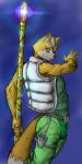 anthro belt blue_background bulge clothing crew_cut flight_suit green_eyes inner_ear_fluff male melee_weapon polearm pose simple_background solo staff topwear tuft vest weapon ducati nintendo star_fox fox_mccloud canid canine fox mammal 1:2 hi_res