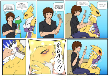 anthro armwear armwear_only black_clothing black_sclera black_topwear blush breasts brown_hair butt clothed clothed_anthro clothed_human clothing dialogue duo featureless_breasts female fingers fur hair involuntary_moan male moan mostly_nude pink_tongue purple_armwear purple_clothing sitting tail teeth text tongue topwear yellow_arms yellow_body yellow_butt yellow_ears yellow_fur yellow_tail saikyoryuuougi bandai_namco digimon canid digimon_(species) human mammal renamon comic english_text hi_res