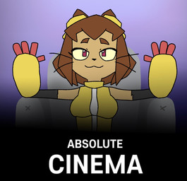 :3 anthro armor brown_hair clothing female furniture gauntlets gloves hair handwear jacket purple_background red_eyes simple_background sofa solo text topwear yellow_clothing yellow_jacket_(clothing) yellow_topwear toonsignal absolute_cinema gameoverse glitch_productions kit_bodega felid feline mammal english_text
