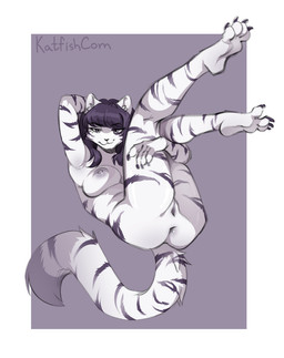 4_toes anthro anus areola bangs biped black_claws black_hair black_stripes breasts butt claws feet female fingers fur genitals geometric_background hair hand_behind_head holding_legs_up legs_up looking_at_viewer lying nipples nude nude_anthro nude_female on_back simple_background smile smiling_at_viewer soles solo stripes tail toes vulva white_body white_fur katfishcom sabrina_reid felid mammal pantherine tiger 2025 digital_drawing_(artwork) digital_media_(artwork) hi_res signature