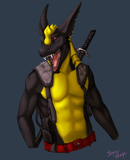 abs anthro athletic athletic_anthro athletic_male big_ears bodily_fluids cheek_horns clothed clothing ear_piercing ear_ring fangs fangs_bared forked_tongue male melee_weapon neck_plate open_mouth pecs piercing ring_piercing saliva saliva_on_tongue saliva_string scabbard shoulder_holster solo sword sword_on_back teeth tongue topless topless_anthro topless_male weapon shapeshifterprincess mythology ernesto_(rebeldragon101) dragon mythological_creature mythological_scalie scalie