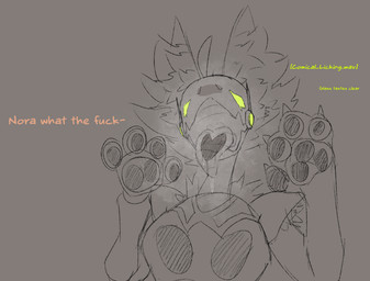 against_surface anthro armor bodily_fluids breath claws female fur inner_ear_fluff licking machine offscreen_character pawpads paws prosthetic prosthetic_arm prosthetic_limb saliva solo text tongue tuft heyimflame conn_(heyimflame) nora_(heyimflame) protogen english_text