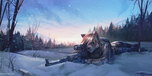 anthro backpack blue_eyes claws clock clothed clothing detailed_background fingerless_gloves fur gloves gun hair hair_over_eye handwear holding_gun holding_object holding_ranged_weapon holding_weapon lying male on_front one_eye_obstructed outside ranged_weapon rifle sniper_rifle snow solo text watch weapon wristwatch bonifasko mammal procyonid raccoon url