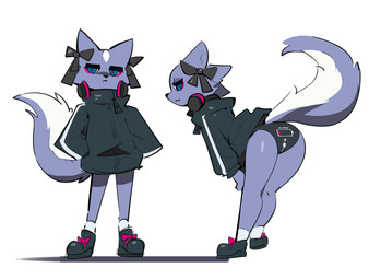 anthro bent_over black_clothing black_footwear black_jacket black_panties black_shoes black_topwear black_underwear blue_eyes bow_ribbon clothing electronics eyebrows female fluffy fluffy_tail footwear fur headphones headphones_around_neck jacket looking_at_viewer multicolored_body multicolored_fur panties purple_body purple_fur simple_background socks solo standing tail thick_eyebrows thick_thighs thin_calves thin_legs thin_thighs topwear two_tone_body two_tone_fur underwear white_background white_body white_clothing white_footwear white_fur white_socks zinnick aggretsuko sanrio shikabane_(aggretsuko) mammal mephitid skunk 2023 hi_res