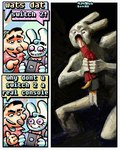 3_panel_comic aloha_shirt anthro blood bodily_fluids bow_tie cheek_spots clothing death dialogue duo floppy_ears fur gore grin half-closed_eyes hat headgear headwear humor male narrowed_eyes open_mouth open_smile overalls pattern_clothing pattern_shirt pattern_topwear shirt simple_background smile snuff speech_bubble text topwear white_body white_fur wide_eyed yellow_body yellow_fur rawdawgcomics nintendo nintendo_switch_2 saturn_devouring_his_son bingus_(rawdawgcomics) stahli_(rawdawgcomics) bird_dog canid canine canis domestic_dog golden_retriever hunting_dog lagomorph leporid mammal rabbit retriever 4:5 comic english_text inspired_by_formal_art