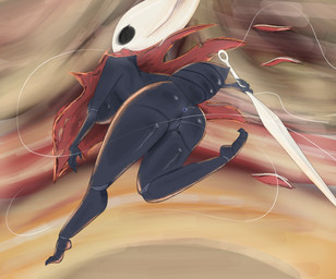 2_horns anthro anus arthropod_abdomen big_breasts biped black_body black_eyes breasts clothing female fingers genitals holding_melee_weapon holding_object holding_weapon horn looking_back melee_weapon solo thread vulva weapon low-oil hollow_knight_(franchise) team_cherry hornet_(hollow_knight) arthropod 2025 hi_res