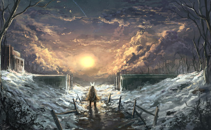 anthro biped clothed clothing cloud detailed_background fur outside plant sky snow solo standing star starry_sky sun tree white_body white_fur tomtc dr_rabbit_(tomtc) lagomorph leporid mammal rabbit 2019 dated hi_res