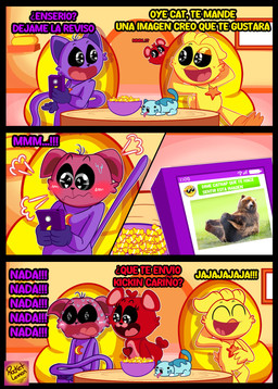 anthro blush female group laugh male message red_face text trio rocketlennon mob_entertainment poppy_playtime smiling_critters bobby_bearhug candy_cat catnap_(poppy_playtime) kickinchicken avian bear bird chicken domestic_cat felid feline felis galliform mammal phasianid absurd_res comic hi_res spanish_text