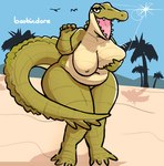 anthro bent_over big_breasts breasts breasts_squish clothing curvy_figure female green_body green_scales nipples non-mammal_breasts non-mammal_nipples nude open_mouth outside overweight overweight_anthro overweight_female palm_tree plant scales sharp_teeth sky solo sun sun_glare tail teeth thick_tail thick_thighs tree voluptuous wide_hips dubindore boobindore_(dubindore) crocodilian reptile scalie hi_res