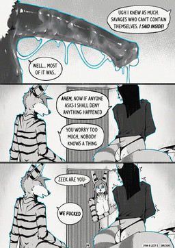 after_sex animal_genitalia animal_penis anthro balls bodily_fluids breasts butt clothed clothing cum cum_drip dialogue dripping duo equine_genitalia equine_penis erection eyewear female fur genital_fluids genitals glasses hair male male/female nude open_mouth partially_clothed penile penis simple_background speech_bubble stripes tail text arcsuh adiyah_(arcsuh) lizzy_(arcsuh) lynn_(arcsuh) canid canine equid equine hybrid mammal procyonid raccoon zebra black_and_white comic digital_media_(artwork) english_text greyscale hi_res monochrome brother_(lore) sibling_(lore) sister_(lore)