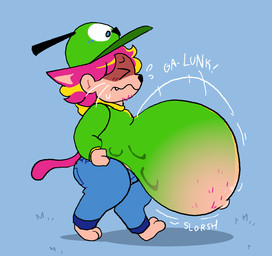 anthro belly big_belly biped bloated bodily_fluids clothing fur hat headgear headwear huge_belly inflation navel overweight side_view simple_background solo sweat tail walking pawplants madd_(pawplants) felid mammal digital_media_(artwork) full-length_portrait hi_res portrait nonbinary_(lore)