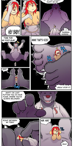 4_toes anthro balls big_breasts breasts clothed clothing crossgender dialogue dream duo feet female flaccid foot_fetish genitals hair humor macro male nipples partially_clothed penis pun red_hair smell surrealism text toes visual_pun t0l0k disney talespin the_jungle_book baloo don_karnage bear canid canine mammal sloth_bear ursine absurd_res comic digital_media_(artwork) english_text hi_res multiple_scenes