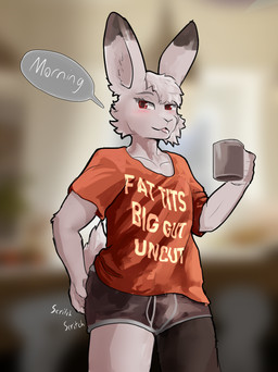 anthro blurred_background blush blush_lines clothed clothing container cup fur holding_container holding_cup holding_mug holding_object holidays looking_at_viewer male mug red_eyes scratching_butt seductive shirt solo t-shirt text tongue tongue_out topwear underwear white_body white_fur aka_meyneth fat_tits_big_gut_uncut inle_(aka_meyneth) harengon lagomorph leporid mammal rabbit absurd_res english_text hi_res meme