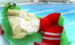 anthro bulge clothed clothing green_body inflatable lying male muscular muscular_anthro muscular_male pool_float pool_toy shirt smile solo swimming_pool tank_top teeth topwear water jaxdoggo_ig league_of_legends riot_games tencent pool_party_renekton renekton crocodile crocodilian humanoid reptile scalie