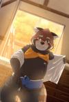 anthro belly blush bodily_fluids bottomwear bulge clothing cum detailed_background genital_fluids humanoid_hands male moobs navel nipples overweight overweight_anthro overweight_male pants solo underwear undressing young osaruyan ailurid mammal red_panda 2019 hi_res