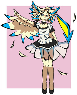4_ears anthro black_clothing blue_body blue_eyes clothed clothing feathered_wings feathers female footwear looking_at_viewer maid_uniform multi_ear shoes simple_background solo tail tan_body uniform white_body white_clothing white_feathers winged_arms wings isi_avalibot isi_de_sa_(isi_avalibot) avali avian hi_res