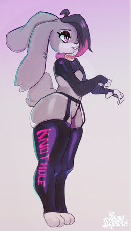 2_toes 4_fingers absolute_territory anthro bangs big_butt big_ears biped black_hair black_nose bottomless breasts buckteeth butt clothed clothing collar costume crop_top ear_piercing eyelashes eyeshadow featureless_crotch feet female fingerless_gloves fingers garter_belt garter_straps glistening glistening_body glistening_clothing gloves hair hair_over_eye handwear latex legwear long_ears looking_at_viewer makeup mascara navel no_underwear notched_ear one_eye_obstructed piercing pink_eyes pink_hair reverse_bunny_costume shirt short_stack shrug_(clothing) simple_background skimpy solo squish standing stockings suggestive_clothing teeth text text_on_clothing text_on_collar text_on_legwear thick_thighs thigh_highs thigh_squish toes topwear bunnybaphomet ruby_(othinus) lagomorph leporid mammal rabbit 2020 digital_media_(artwork) english_text hi_res meme shaded signature