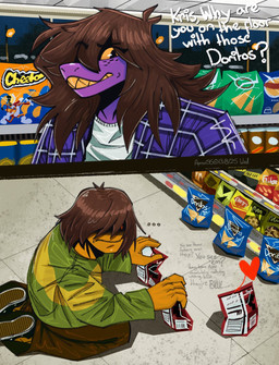 ambiguous_gender anthro chips_(food) clothed clothing detailed_background female food freckled_face freckles fully_clothed humor inside kneeling night potato_chips purple_body racism solo store tan_body text apron555 cheetos deltarune doritos frito-lay undertale_(series) kris_dreemurr susie_(deltarune) human mammal scalie soul_(undertale) 2025 comic digital_media_(artwork) english_text hi_res meme sequence signature