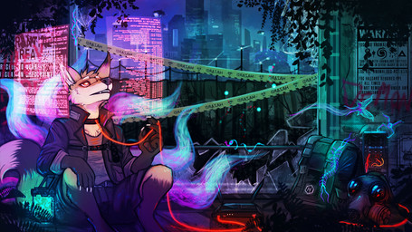 amazing_background anthro armor bottomwear cheek_tuft clothed clothing collar detailed_background facial_tuft fangs fur headgear helmet hologram inside jacket male orange_eyes router shirt shorts sitting solo tan_body tan_fur teeth toony topwear tuft white_body white_fur acidic canid canine mammal 16:9 detailed widescreen