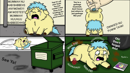 >_< abuse ambiguous_gender ambiguous_human animal_abuse blood blood_from_wound blue_hair blue_tail bodily_fluids crotch_breasts crying dialogue dumpster duo eyes_closed feces female female_feral feral fur gore green_eyes hair leg_wound lifted lifted_by_tail light_body light_skin looking_at_object lying mostly_offscreen_character narrowed_eyes on_front open_mouth outside pain photo sitting suicidal tail tears text throwing throwing_character wounded yellow_body yellow_fur roadkill_(fc) fluffy_pony fluffy_pony_(species) human mammal 16:9 2025 broken_language comic digital_drawing_(artwork) digital_media_(artwork) english_text hi_res shaded widescreen