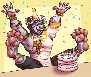 anklet anthro barefoot beard biceps birthday birthday_cake birthday_candle birthday_party black_beard black_facial_hair black_striped_fur black_stripes cake claws clothed clothed_anthro clothed_male clothing dessert facial_hair feet food front_view fur gold_(metal) gold_jewelry golden_claws grin hair halo happy hat headgear headwear jewelry looking_at_object male open_mouth party party_hat pawpads paws pecs purple_body purple_fur robe short_hair simple_background smile snout solo stripes triangle_nose white_hair yellow_background yellow_claws yellow_facial_markings kygehn zanky felid mammal pantherine tiger absurd_res full-length_portrait hi_res portrait shaded
