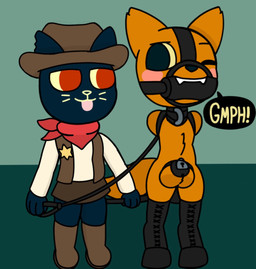 anthro armbinder badge balls bdsm big_balls binder_(restraint) bit_gag black_body black_fur bondage_gear boots chastity_cage chastity_device clothing collar cowboy_boots cowboy_hat dominant dominant_female duo female footwear fur gag genitals halter harness_gag hat headgear headwear hoof_boots humiliation kerchief leash leather male male/female orange_body orange_fur petplay ponyplay posture_collar red_eyes restraints riding_crop roleplay sheriff shoes submissive submissive_male teasing tongue tongue_out topwear vest whip zxc14 night_in_the_woods gregg_lee mae_borowski canid canine felid feline fox mammal