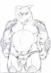 abs anthro armor belly biped bulge clothing detailed_bulge ears_outwards flaccid front_view frown genital_outline genitals grave grey_sclera horn knee_pads looking_at_viewer male musclegut muscular muscular_anthro muscular_male navel overweight overweight_anthro overweight_male pecs penis penis_base penis_outline pivoted_ears pointy_ears presenting presenting_penis prick_ears pubes serious simple_background snout solo spaulder speedo standing stare swimwear text text_on_clothing text_on_swimwear undressing unimpressed vambrace white_background hopelesshighschool altered_beast sega neff_(altered_beast) van_vader mammal rhinoceros 2019 black_and_white english_text graphite_(artwork) hi_res monochrome portrait three-quarter_portrait traditional_media_(artwork)