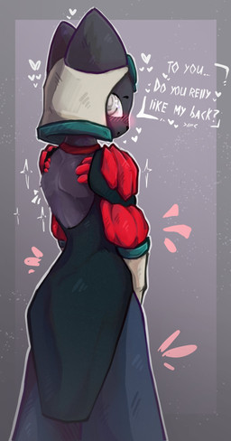 >///< anthro athletic athletic_anthro athletic_female back_groove backless_dress biped black_body black_fur black_nose blush blush_lines clothed clothed_anthro clothed_female clothing collar cybernetic_arm cybernetic_limb dress ears_up ellipsis exposed_muscle eyebrows female female_anthro fur furgonomic_headwear furgonomics glistening glistening_eyes green_clothing green_dress grey_background headgear headwear heart_symbol hearts_around_head hearts_around_text looking_at_viewer looking_back looking_back_at_viewer misspelling outline partial_speech_bubble pointy_ears prick_ears question_mark rear_view rectangular_speech_bubble red_collar short_snout shoulder_blades simple_background solo sparkles standing tag_question talking_to_viewer text white_clothing white_eyes white_headwear white_outline kandyktor nine_sols red_candle_games chien_(nine_sols) felid feline mammal solarian 2025 absurd_res digital_media_(artwork) english_description english_text hi_res portrait three-quarter_portrait