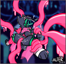 anthro ball_tuft balls big_breasts blush blushing_profusely bodily_fluids bow_ribbon breasts caught_in_the_act clothed clothing detailed_background ejaculation embarrassed female fluffy fluffy_tail footwear fur genital_fluids genitals heart_symbol horn inner_ear_fluff lgbt_pride machine nipples notched_ear oral oral_penetration pansexual_pride_colors partially_clothed patch_(fabric) paws penetration pride_colors restrained scarf socks solo tail tentacle_in_mouth tentacle_in_vagina tentacle_penetration tentacles tongue tongue_out tuft vaginal vaginal_fluids vaginal_penetration vulva alternativefoot deltarune undertale_(series) f41th bovid caprine goat hybrid mammal protogen hi_res signature