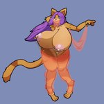 anthro big_breasts blue_eyes bracelet breasts clothing dancewear dancing female fur hair harem_outfit huge_breasts jewelry long_hair nipple_chain nipple_piercing nipples orange_body orange_fur piercing purple_hair smile solo thick_thighs veil wide_hips firepawdacat_(artist) firepawdacat domestic_cat felid feline felis mammal 1:1 hi_res