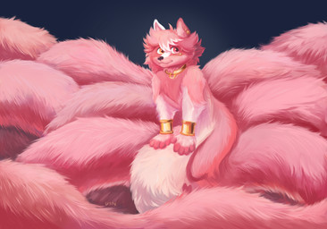 anthro apode bangle big_tail chain collar collar_ring fluffy fur huge_tail jewelry legless male pink_body pink_fur serpentine sitting sitting_on_tail solo split_form tail arrow_owlet lhar canid canine draconcopode fox hybrid lamia mammal reptile scalie snake absurd_res hi_res
