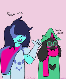ambiguous_gender anthro armor black_body black_fur blue_body blue_hair blue_skin clothing dialogue duo eyewear fur glasses hair hat headgear headwear long_hair male pink_hair profanity scarf text goatboyalex deltarune undertale_(series) kris_dreemurr ralsei bovid caprine darkner goat human mammal 5:6 english_text