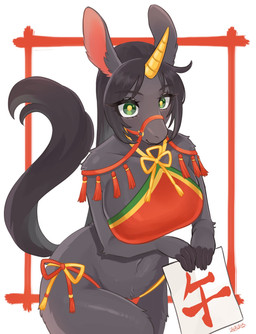 1_horn anthro arms_bent big_breasts bikini bikini_bottom bikini_top biped black_hair black_tail breasts clothed clothed_anthro clothed_female clothing eyebrow_through_hair eyebrows eyelashes female female_anthro fingers fur fur_tuft green_eyes grey_body grey_ears grey_eyebrows grey_fur grey_tail grey_tuft hair holding_object holding_sign horn kemono mouth_closed navel pink_inner_ear pupils side-tie_bikini sign simple_background solo standing string_bikini swimwear tail text translucent translucent_hair tuft two-piece_swimsuit unicorn_horn white_background white_sclera wide_hips yellow_horn yellow_pupils kayama_akimaru chinese_zodiac mythology year_of_the_horse equid equine mammal mythological_creature mythological_equine unicorn 2026 digital_drawing_(artwork) digital_media_(artwork) hi_res japanese_text portrait shaded signature soft_shading three-quarter_portrait