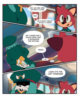 ambiguous_gender anthro bow_tie clothing dialogue dining_room dining_table duo hat headgear headwear inside male speech_bubble stairs text walking awkward2eleven sega sonic_the_hedgehog_(series) the_murder_of_sonic_the_hedgehog conductor_(sonic) canid canine canis domestic_dog macropod mammal marsupial quokka absurd_res comic english_text hi_res